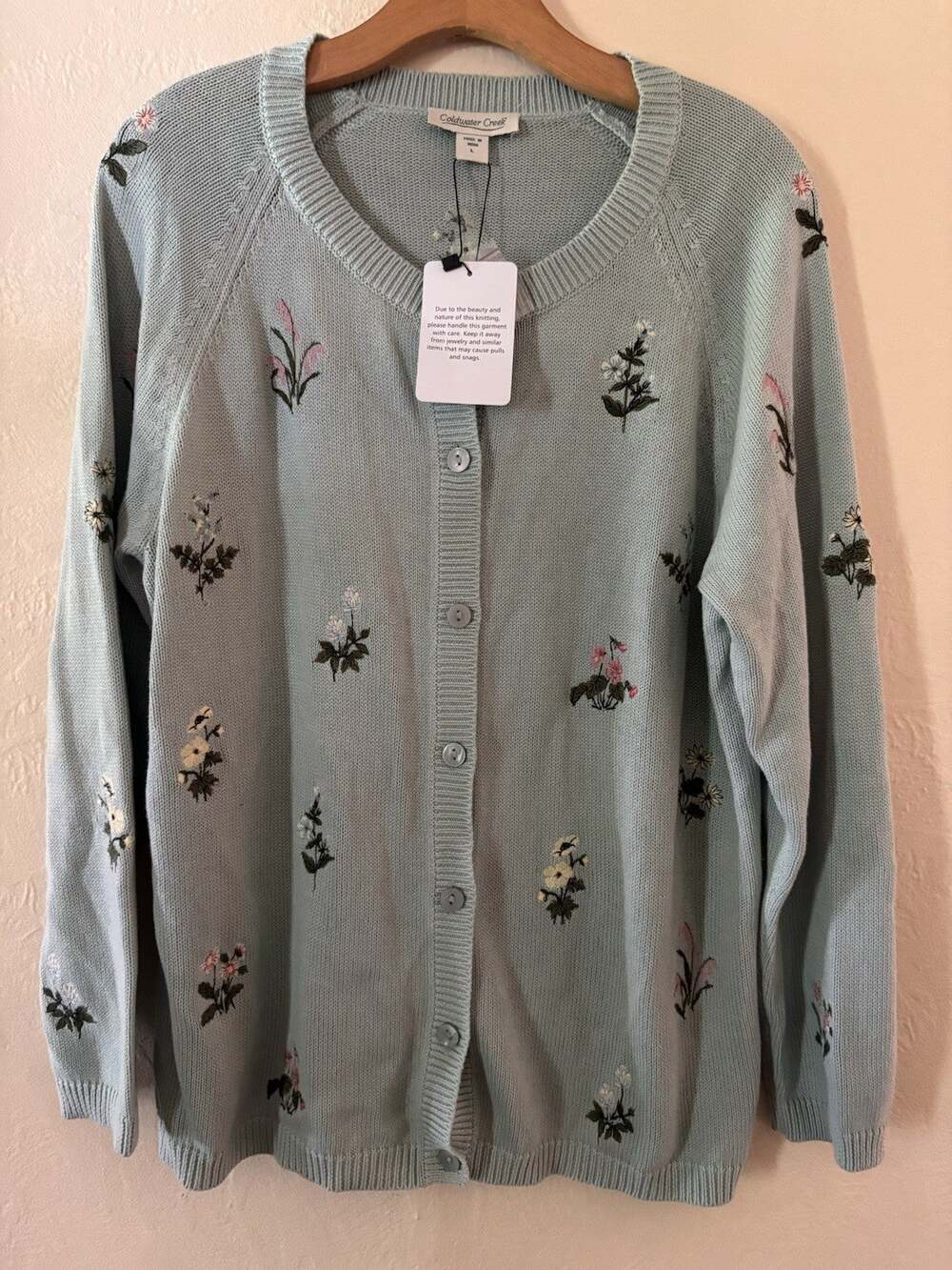 Coldwater Creek All Over Embroidered Button Front Cardigan Sweater Green Large